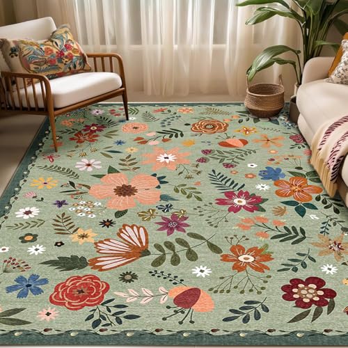 Washable Area Rugs, Floral Rug, Large Carpet for Living Room