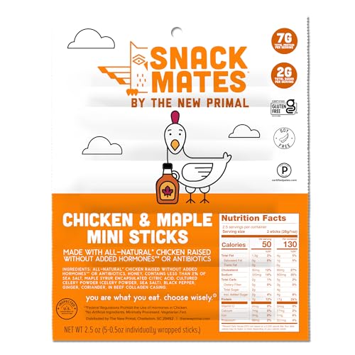 Snack Mates by The New Primal, Chicken & Maple Stick, All-Natural Chicken, High Protein and Low Sugar Kids Snack, Certified Paleo, Certified Gluten-Free, Lunchbox Friendly, 0.5 oz, Pack of 5