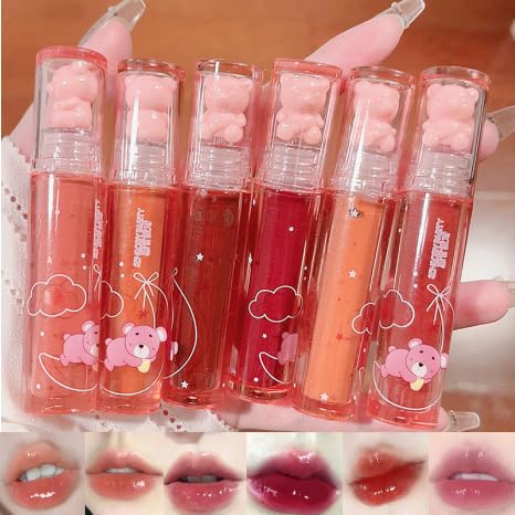 Juego de brillo de labios de oso de 6 colores, esmalte de labios, lápiz labial líquido, lindo oso brillo de labios, tinte de labios hidratante impermeable de larga duración para mejillas, maquillaje