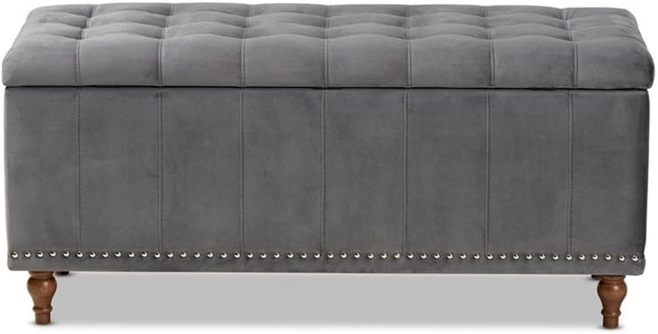 BOWERY HILL Grey Velvet Upholstered Storage Ottoman Bench