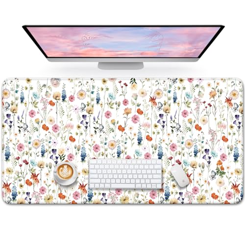 Large Mouse Pad for Desktop, Cute Desk Mat Pad Protector for Work & Gaming, Aesthetic Pretty Anti-Slip Laptop Blotter Cover for Office School Home Supplies, Wildflowers, 31.5' x 11.8'