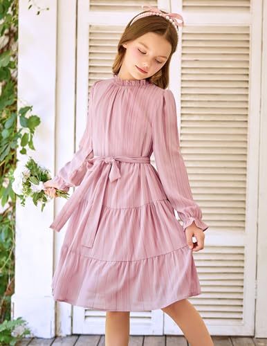 Arshiner Girls Long Sleeve Dress Tween Fall Formal Party Holiday Midi Tiered Flowy Swing Dresses with Belt 5-13 Y2