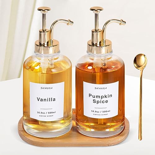 Coffee Syrup Dispenser for Coffee Bar, 16.9oz 500ml Glass Syrup Dispenser w Golden Coffee Scoop...