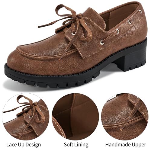 Image of Ablanczoom Platform Oxford Shoes for Women : Lace Up Women's Platform Chunky Loafers with Lug Sole Dress Shoes for Work Business Brown