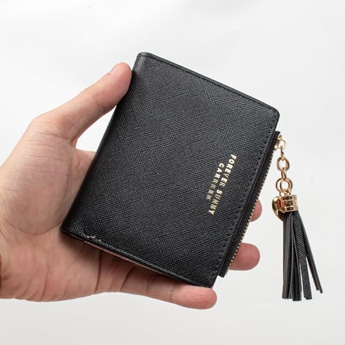 Image of KOTORA Womens Small Wallet Girls Tiny Slim Wallets Pretty Mini Card Holder Thin Short Zip Coin Purse with Love Pendant and Tassels (Black)