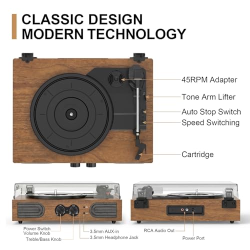 Image of Vinyl Record Player with Built-in Stereo Speakers, 3-Speed Belt-Drive Turntable, Treble & Bass Control, RCA-Out /AUX-in, 3.5mm Headphone Jack-Vintage LP Player for Home & Gifts, Walnut