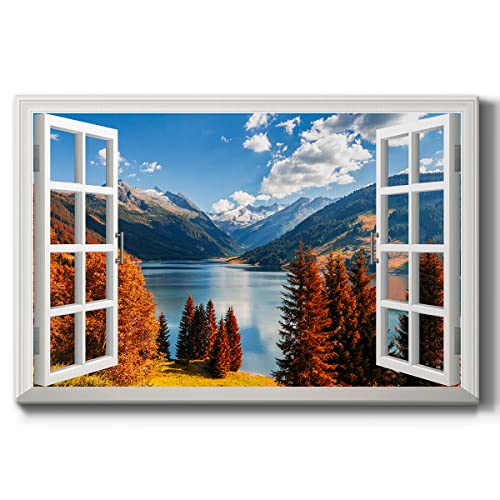 Renditions Gallery Nature Wall Art Scenic Window View of Swiss Alps Mountains & Lake Canvas Artwork Pictures for Bedroom Living Room Kitchen Walls - 18"X27" LT04