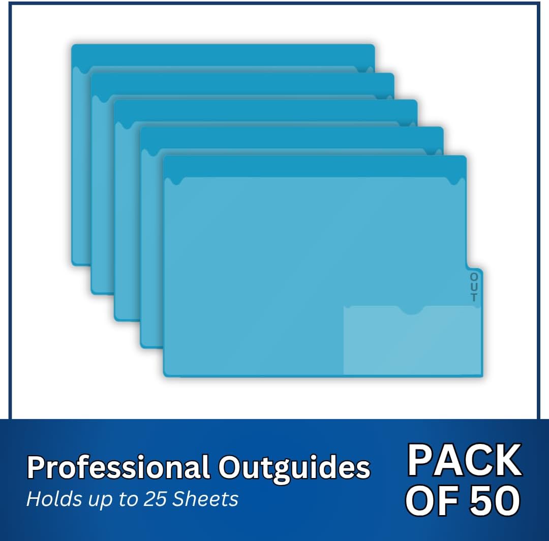 Doctor Stuff - Short Tab Vinyl Outguides, Full Front Pocket, Bottom Charge Out Slip Pocket, Plastic File Folder, Letter Short Size 9-1/8" x 12-1/2", Light Blue, 50/Box