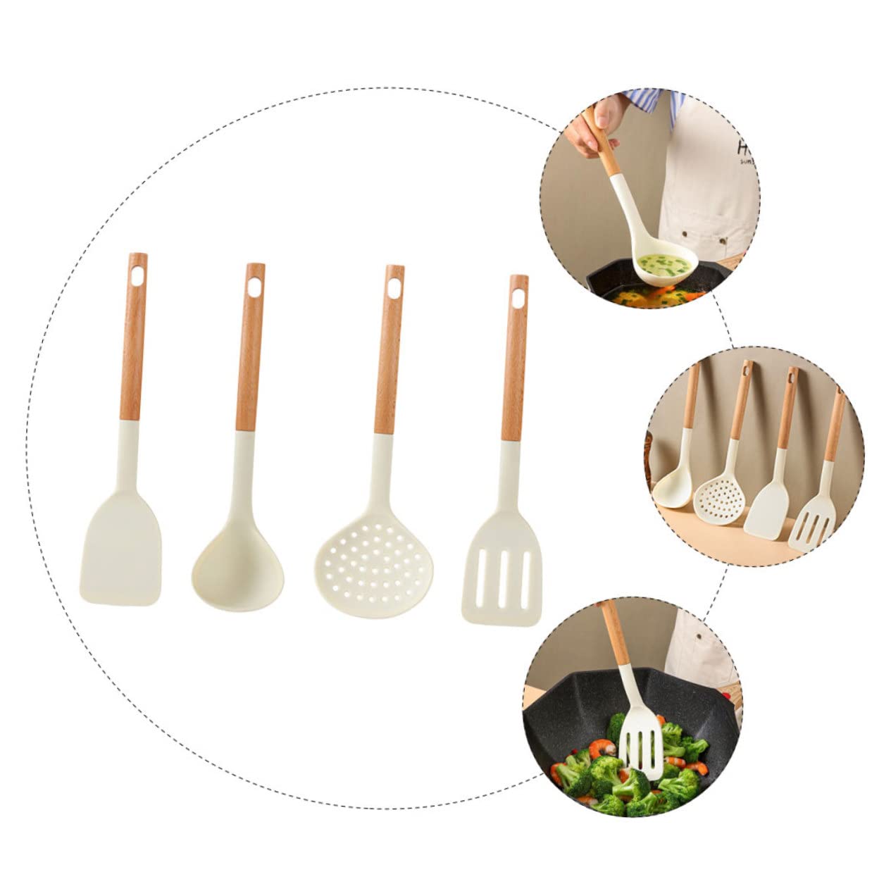 Set di Utensili da Cucina in Silicone Antiaderente Manico in Legno