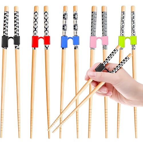 AstraGlam 5 Paar Japanische Naturbambus Essstäbchen mit 5 Stück Essstäbchen Hilfen, Trainings Essstäbchen für Anfänger, Wiederverwendbares Set Spülmaschinenfest Schön Verpackte Chinesische