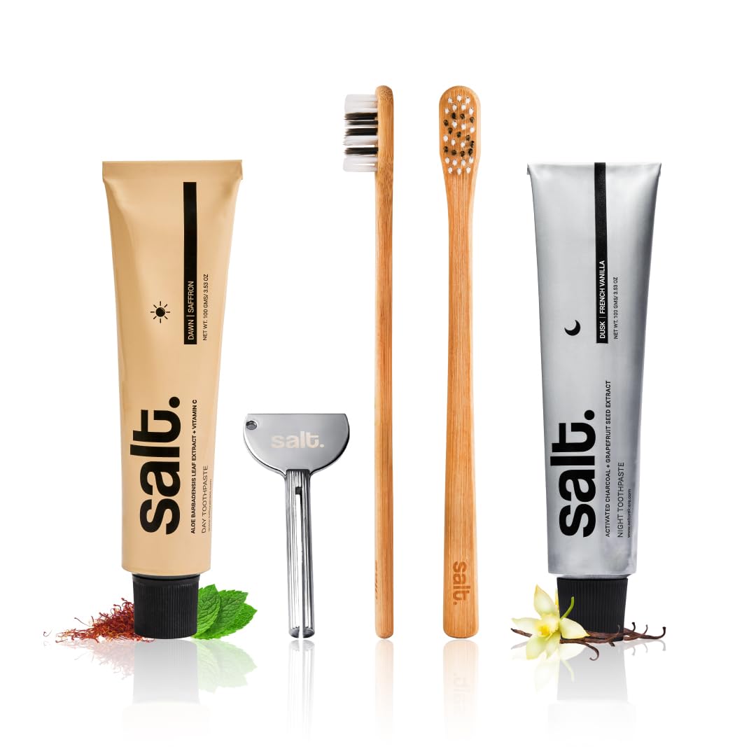 Salt. Oral Care Saffron Day & Dusk Night Toothpaste Duo with Squeezer Key & x2 Eden Bamboo Toothbrush | Soothing Gums, Enamel Strengthening, Anti-bacterial & Biodegradable