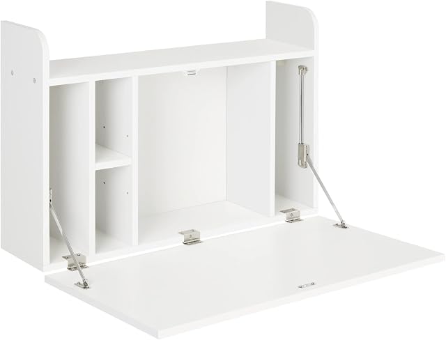 HOMCOM Wall Mounted Table, Drop Leaf Floating Laptop Desk with Space Saving Storage Compartments for Home, Office and Study, White