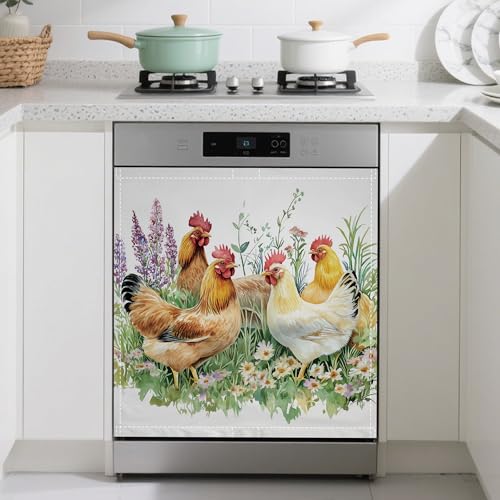 Image of Magnetic Dishwasher Cover,Chicken Rooster Grass Reusable Dishwasher Magnetic Cover Decorative Door Covers Panel for Home Kitcen 23 inch x 26 inch