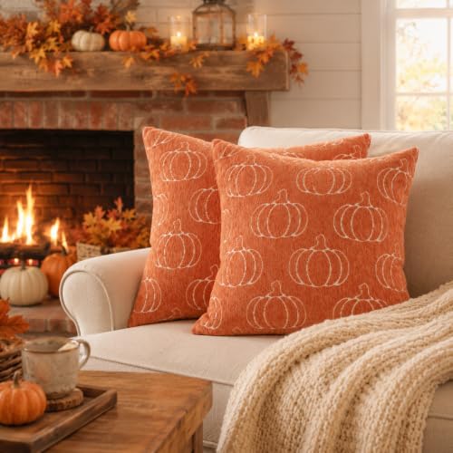 Image of Fall Pumpkin Chenille Pillow Covers(Orange,22x22) | Soft chenille texture, double-sided reversible design, hidden zipper, for sofa, bed, couch, farmhouse autumn decor