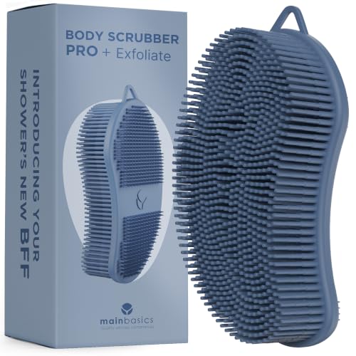 Image of MainBasics Exfoliating Silicone Body Scrubber Pro 2-in-1 Shower Scrubber for Body, Silicone Loofah and Body Exfoliator (Dark Blue, Body + Exfoliate)