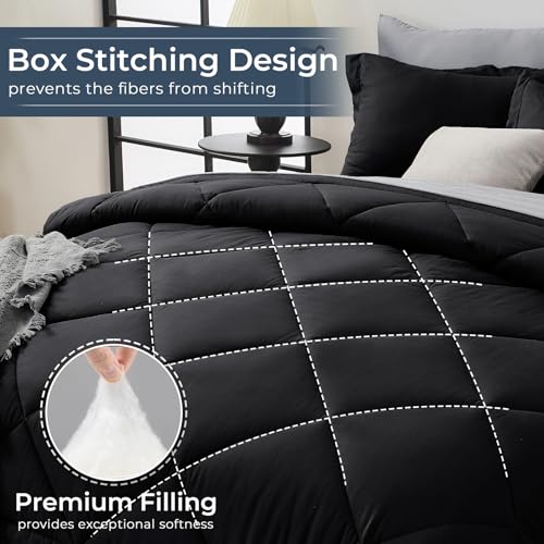 HEVUMYI King Comforter Set - 7-Piece All Season Bed in a Bag King, Ultra Soft Bedding Set with Comforter, Flat Sheet, Fitted Sheet, Pillowcases, Pillow Shams, Black & Light Grey