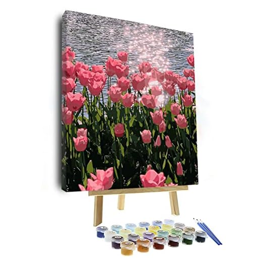 VIGEIYA 16x20in DIY Paint by Numbers for Adults Include Framed Canvas and Wooden Easel with Brushes and Acrylic Pigment (Pink Tulips)