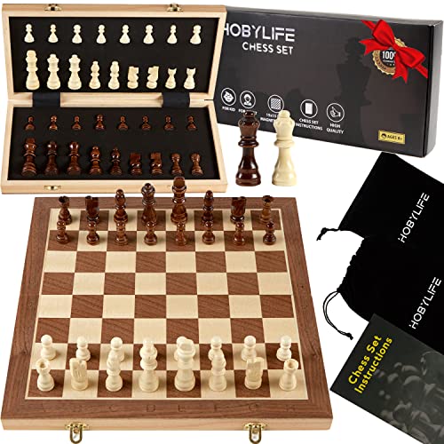 Hobylife 15'' Magnetic Chess Set for Adults Unique, Chess Board Set with Travel & Pieces Bags, Extra 2 Queens | Folding Wooden Chess Set | Chess Set for Kids, Travel Chess Set, Chess Sets for Adults