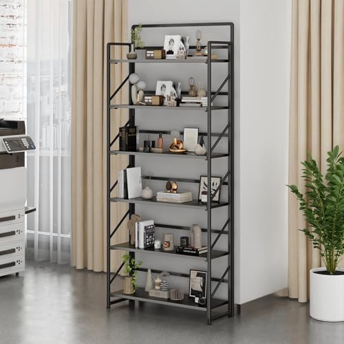 Image of JSB 6 Tier No Assembly Folding Bookshelf, 30.3 inch Wide Foldable Storage Bookcase for Home Office, Space-Saving Storage Shelf for Living Room (Black)