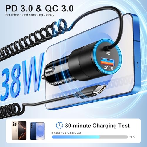 Chargeur de voiture USB C rapide pour iPhone 16 avec câble type C extensible 38W - 2