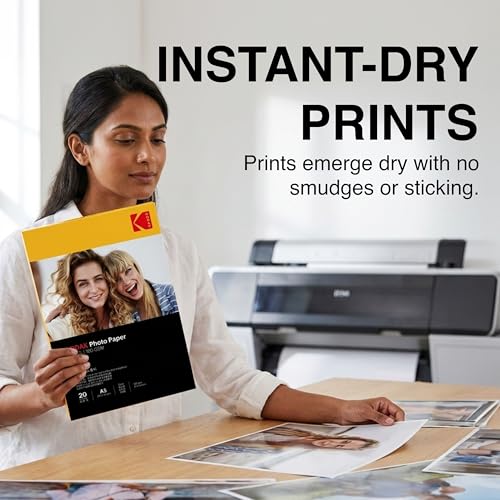 Image of Kodak 180 GSM A3 Glossy Photo Paper - Water Resistant, Pack of 20 sheets, Compatible with all Inkjet Printers