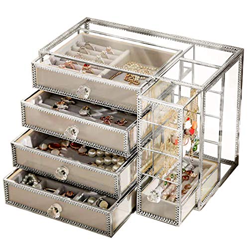 Hersoo Glass Mirrored Jewelry Drawers Box Vintage Metal Edge Organizer Beauty Display for Necklace Earrings Rings Trinkets Jewelry Stand for Girls on Makeup Vanity Night Stand (Silver)