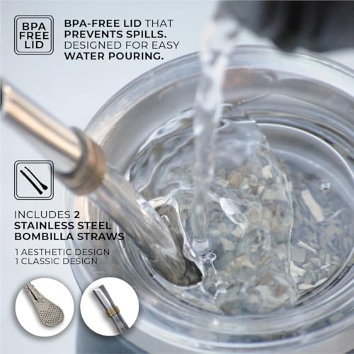 Image of MyGaucho Yerba Mate Cup Gourd Set, 8oz, 2 Bombillas & Spill-Prev Lid | Stainless Steel Mate Cup, BPA-free lid & cleaning brush, comfortable sipping, and simple cleanup at home, work, or on the go