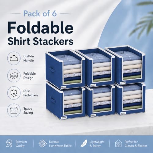 Image of VERVENIX Shirt Stacker Set of 6, Non Woven Foldable Clothes Storage Organizer with Handle, Wardrobe Closet Organizer, Space Saving Cloth Organizer for T-Shirts, Shirts, Jeans, Blue