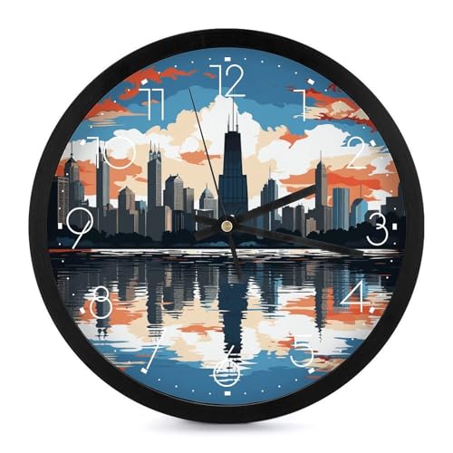 QMNBTES Chicago Skyline - Reloj de pared con pilas, de cuarzo, silencioso, sin tictac,...