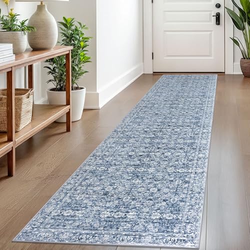 2x8 Blue Washable Runner Rug for Hallways, Soft Classic Kitchen Rugs with Non-Slip, Non-Shedding Distressed Floral Rug for Hallways Entryway Bedroom Bathroom Laundry Indoor