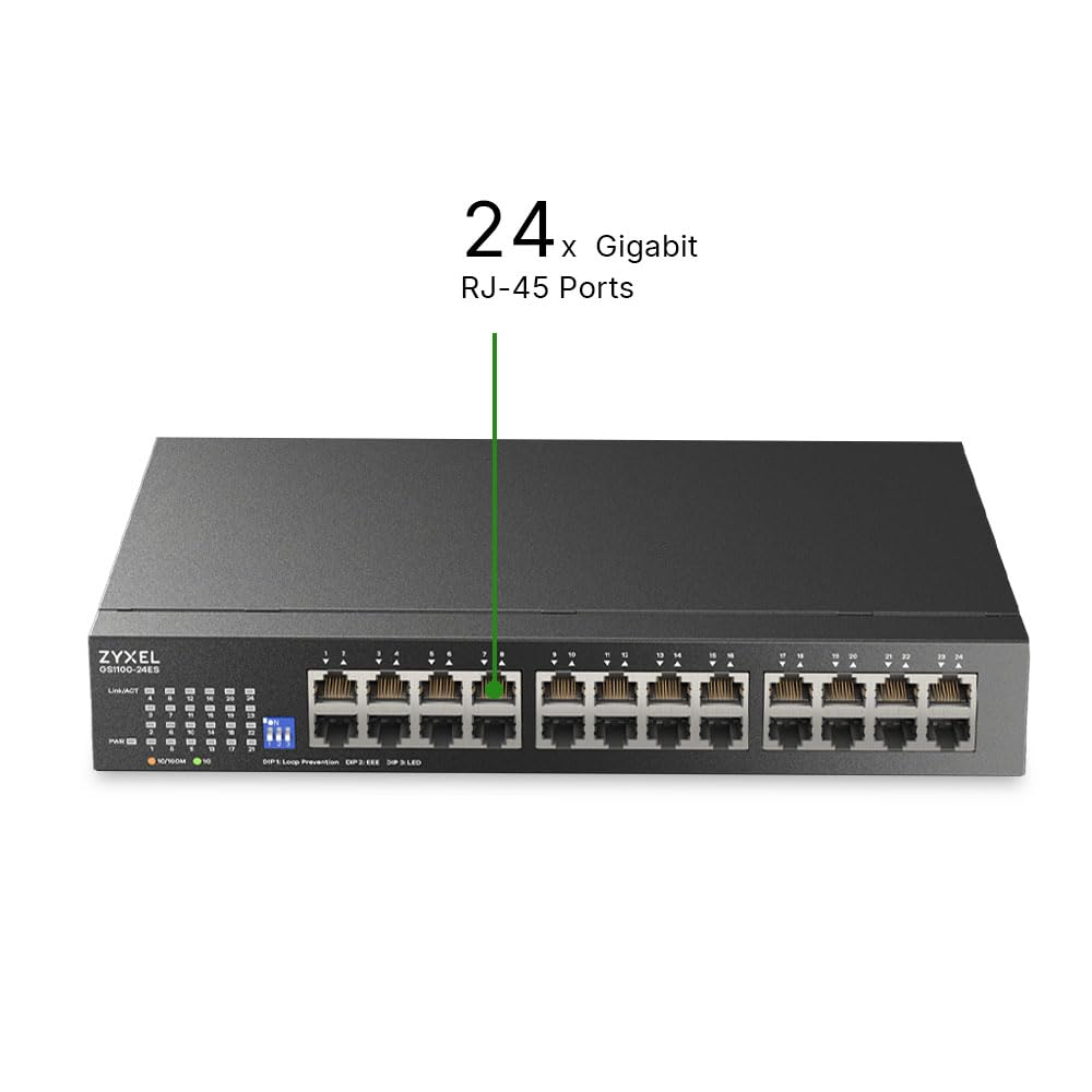 Zyxel Commutateur Réseau 24 Ports | Commutateur Gigabit Ethernet Non Géré | 24 Ports GbE | Dip Commutable | sans Ventilateur | Kits de Montage Mural et en Rack Inclus | GS1100-24ES