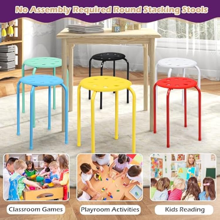 POWERSTONE Stackable Stools Set of 6, 17.5in Portable Stacking Bar Stool Colorful Classroom Stools with Iron Legs Round Nesting Chairs Flexible Seating for Home Office School