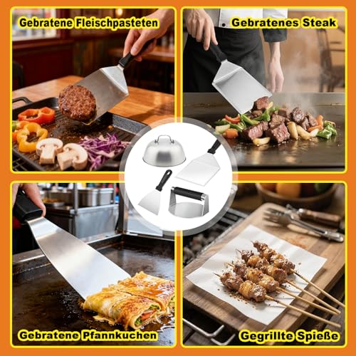 Smash zestaw do burgerów ze stali nierdzewnej, 4 zestawy do burgerów, uniwersalny zestaw pras do burgerów, z prasą do burgerów, szpachelką do grilla, łopatką do patelni i dzwonkiem do burgerów, zestaw