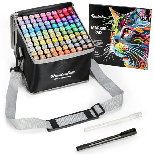 realcolor Lot de 100 marqueurs à alcool à double pointe pour coloriage pour adultes, marqueurs à alcool pour dessin, coloriage, croquis, fabrication de cartes, illustration, idéal pour les artistes