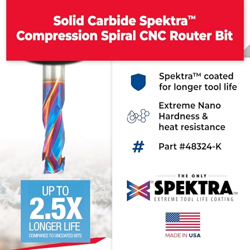 Image of Amana Tool Spektra Extreme Tool Life Coated Solid Carbide CNC Compression Spiral Router Bit, 48324-K, 12mm D x 32mm CH x 12mm Shank x 75mm L 3 Flute