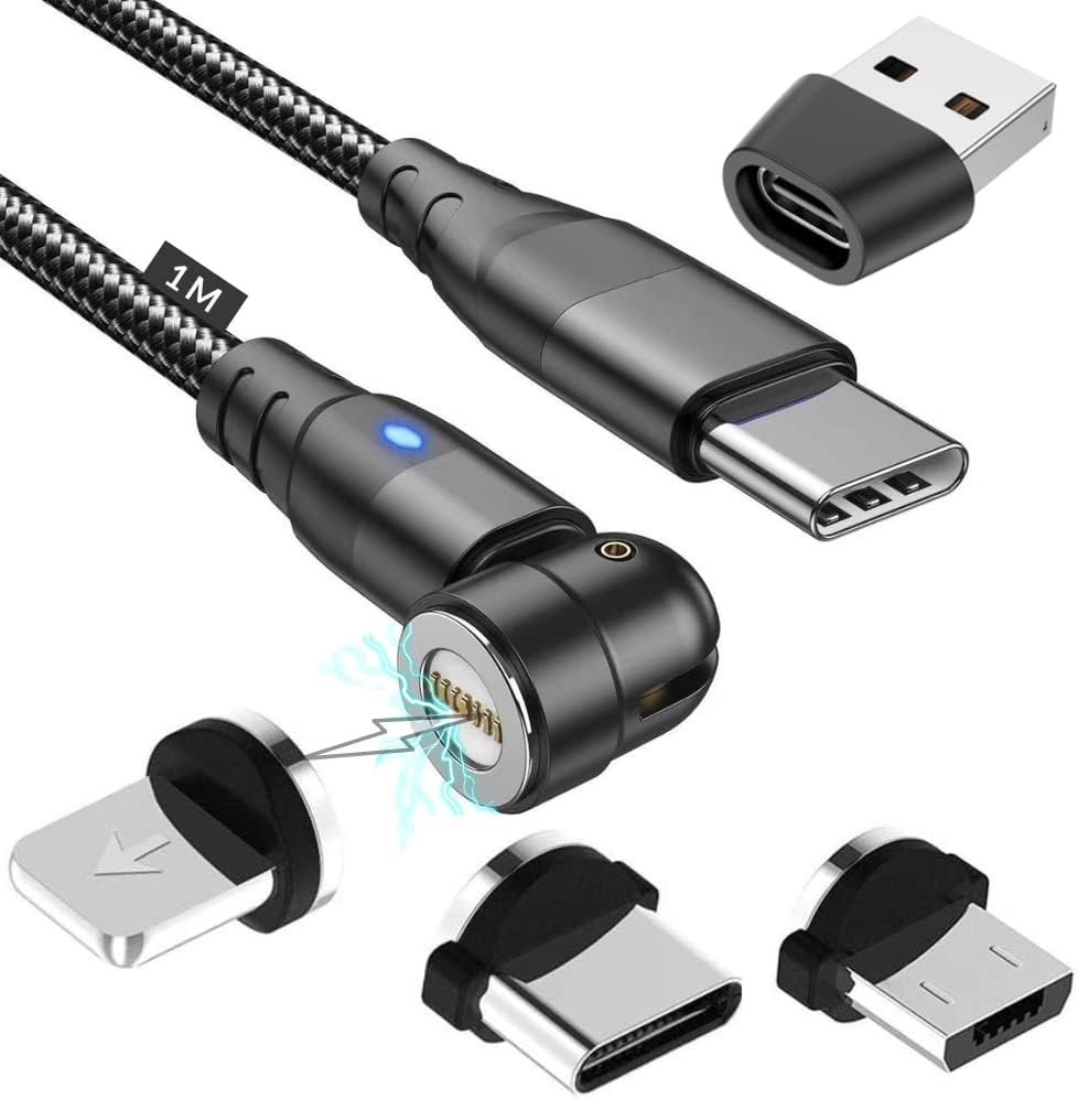 PD 60W Fast Charging USB-C Magnetic Data Cable, 360ยฐ & 180ยฐ Rotation, 3-in-1 Sync Charger for Samsung S22/Laptop/iPad (Black - 1M)