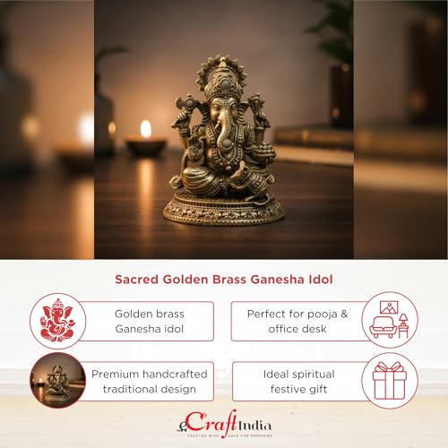 Image of eCraftIndia Golden Brass Lord Ganesha Idol for Home Living Room Office