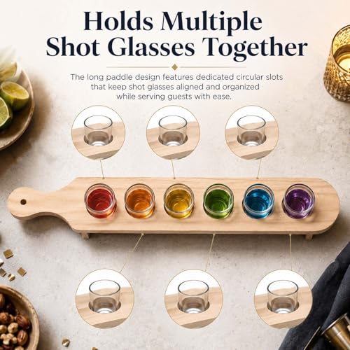Image of Go Hooked Wooden Shot Glass & Paddle Set with 6 Glasses, 30 ml Glass Capacity, Wooden Serving Paddle Tray with Holder Stand for Party Serving, Tastings, Gatherings, Table Presentation
