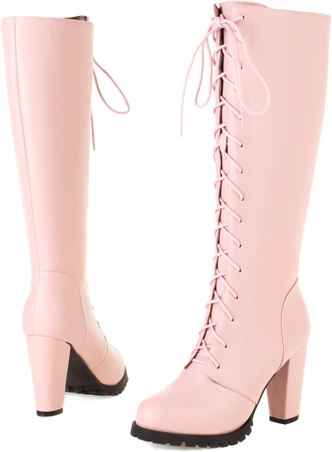 Gicoiz Womens Chunky High Heeled Bowtie Knee High Biker Boots Lovely