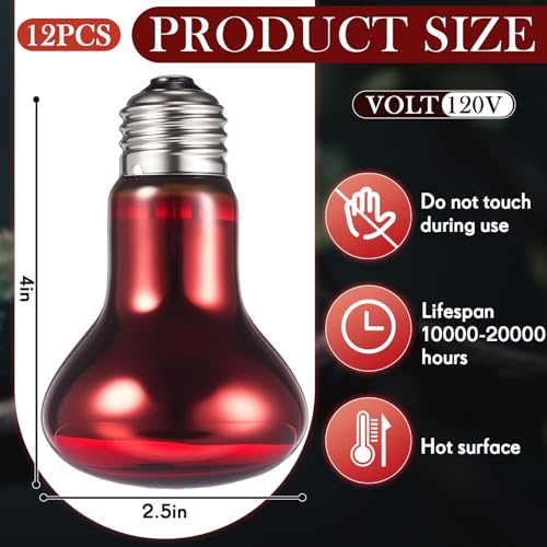 Image of VIHOSE 12 Pack 100 W Reptile Heat Bulbs Red Heat Lamp Bulb Infrared Lamp Red Basking Light Bulbs for Reptiles, Bearded Dragon, Lizard, Tortoise, Chickens, Leopard Gecko, Amphibian, Pets