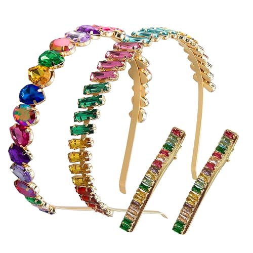 KaySJbay 2Pcs Headbands and 2Pcs HairClips,Shiny Colored Diamond Hair Accessories,Colorful Rhinestone rings,Sparkling Hair DuckClips,Stylish Hair Hoops for Women Girls, Daily Wear,Party,Weddings