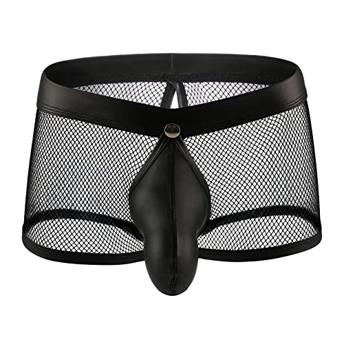 Evankin Men's See Through Sexy Mesh With Faux Leather Loose Shorts Pants Erotic Clubwear Button Removable Pouch