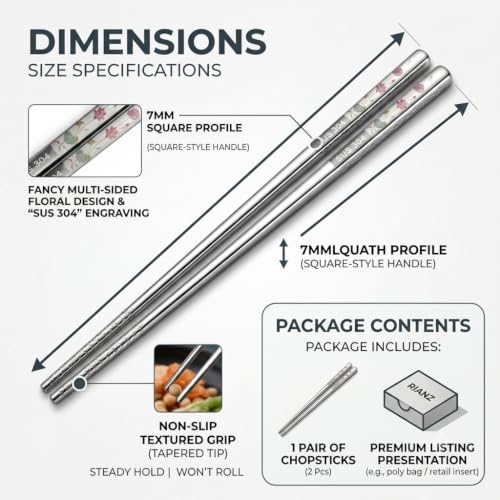 Image of RIANZ Metal Chopsticks Reusable Dishwasher Safe, Chinese Japanese Korean 316 Stainless Steel Chopstick, Square Fancy Color Laser Engraved Chopstick for Cooking Eating, Non-Slip 1 Pair (Style 3)