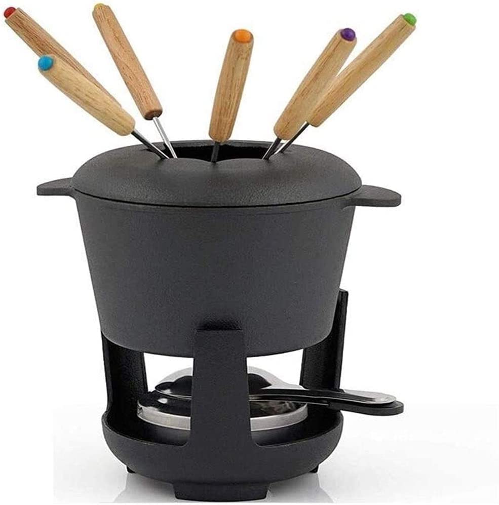 Cast Iron Fondue Pot Set for Chocolate & Cheese, Cast Iron Chocolate Fondue Pot Set with 6 Fondue Forks, Fondue Burner and Fondue Pot Base