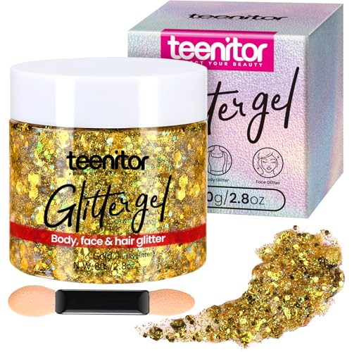 Teenitor Body Glitter Gold Face Glitter Gel Hair Glitter for Kids 80g/2.8oz Gold Glitter for Face Makeup Hair Eye Face Glitter for Women