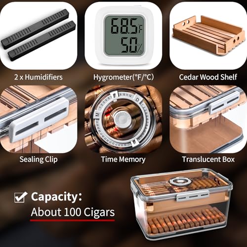 Image of CIGARLOONG Cigar Humidor Large with Cedar Shelves,2 Humidifiers and Hygrometer Storage for 100 Cigars Partition Clear Airtight Cigar Humidor