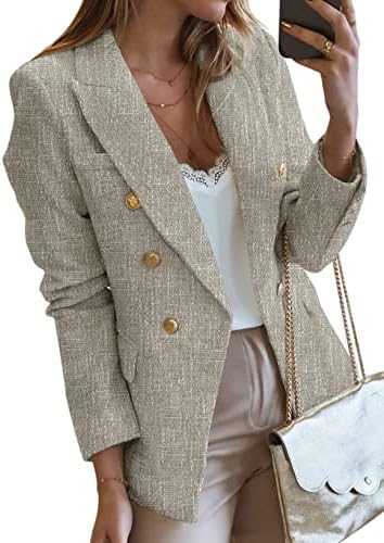 Happy Sailed Tweed Blazers for Women Dressy Casual Slim Fitted Lapel Collar Open Front Business Blazer Work Suits Classic Long Sleeve Double Breasted Blazer Jackets Office Professional 2025 Gray 2XL