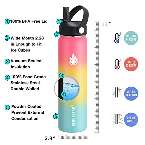Image of SENDESTAR Insulated Water Bottle 24 OZ, Wide Mouth 24 oz Water Bottle with Straw Lid, Spout Lid, Double Wall Vacuum Stainless Steel Leak Proof, Keeps Liquids Hot or Cold