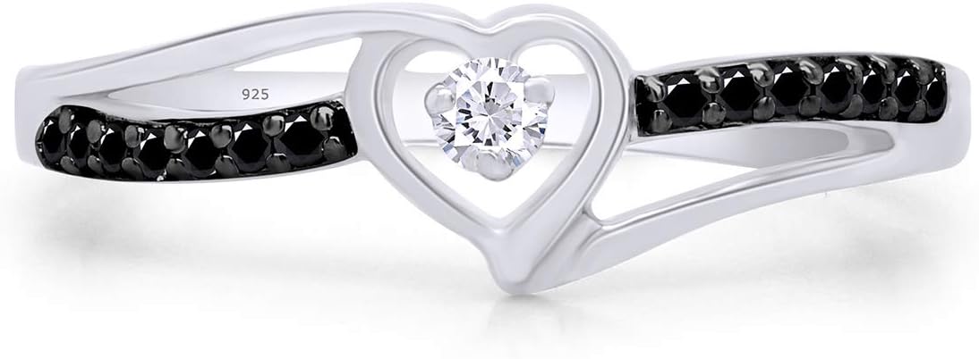 Round Cut Black And White Natural Diamond Heart Promise Ring In 14K Gold Plated 925 Sterling Silver Jewelry For Women (0.10 cttw)