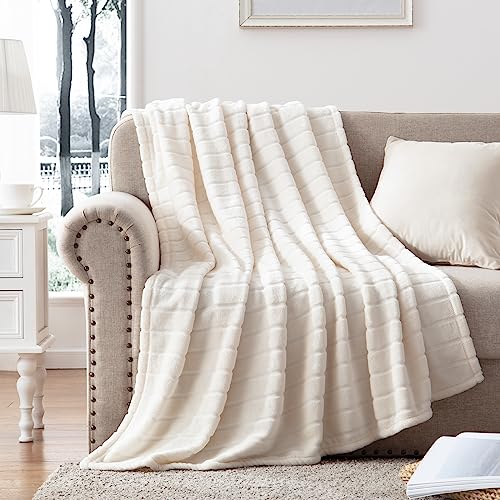 Bertte Throw 330 Gsm Soft Plush Fuzzy Warm Fluffy Lightweight Decorative Stripe Fleece All Seasons Cozy Sofa Bed Blanket, 50"X 60", Ivory White #TOP5
